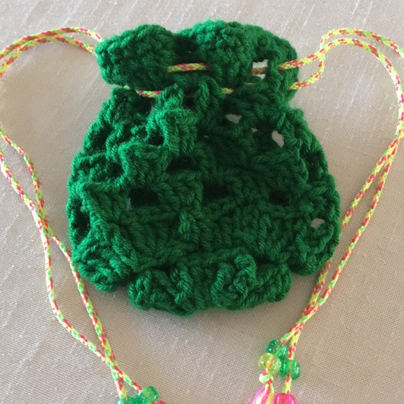 Hand Crafted Shamrock Bag Green Crochet with Yellow Drawstrings - Picture 3 of 9